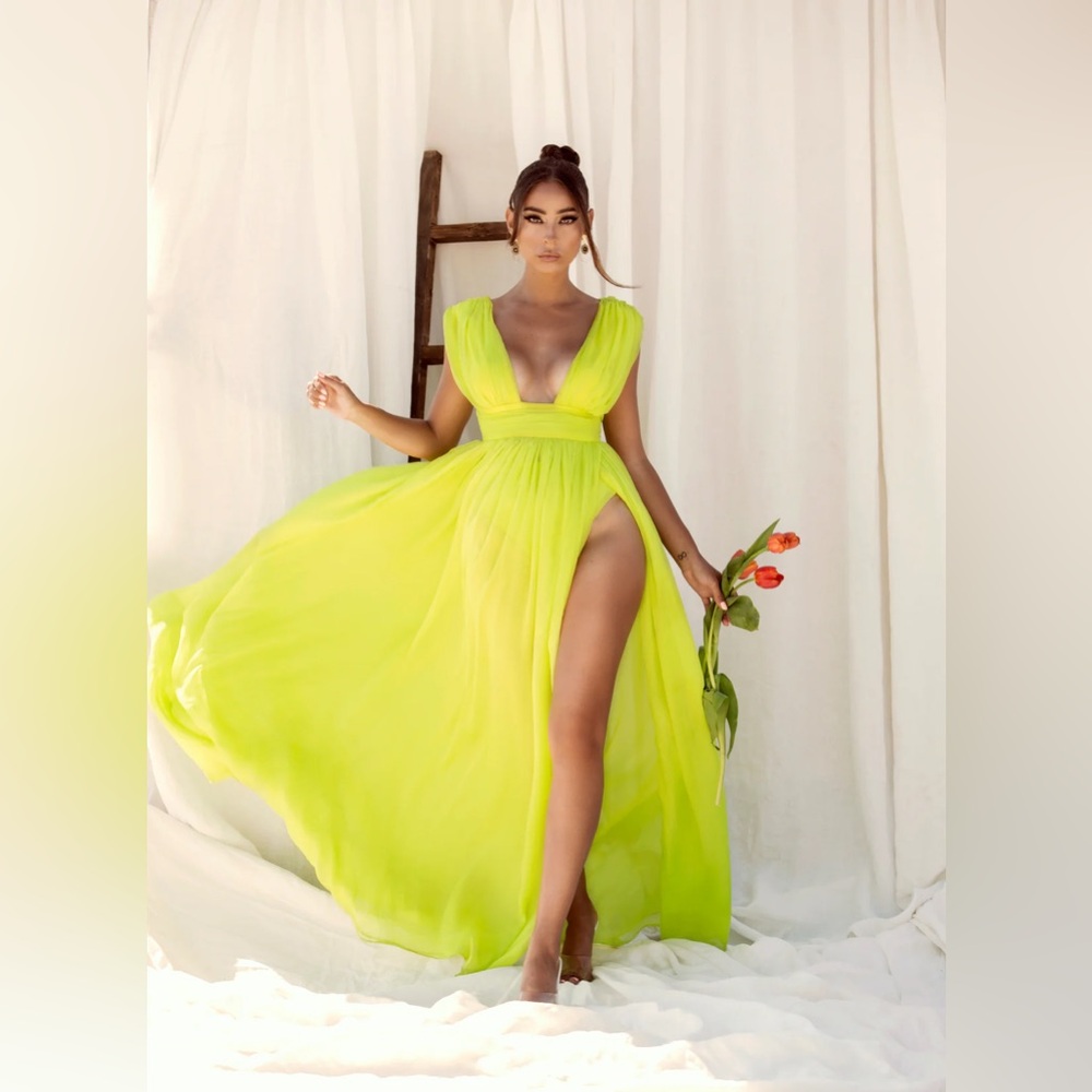 Valley Of Angels Lime Chiffon Pleated High Slit Maxi Dress